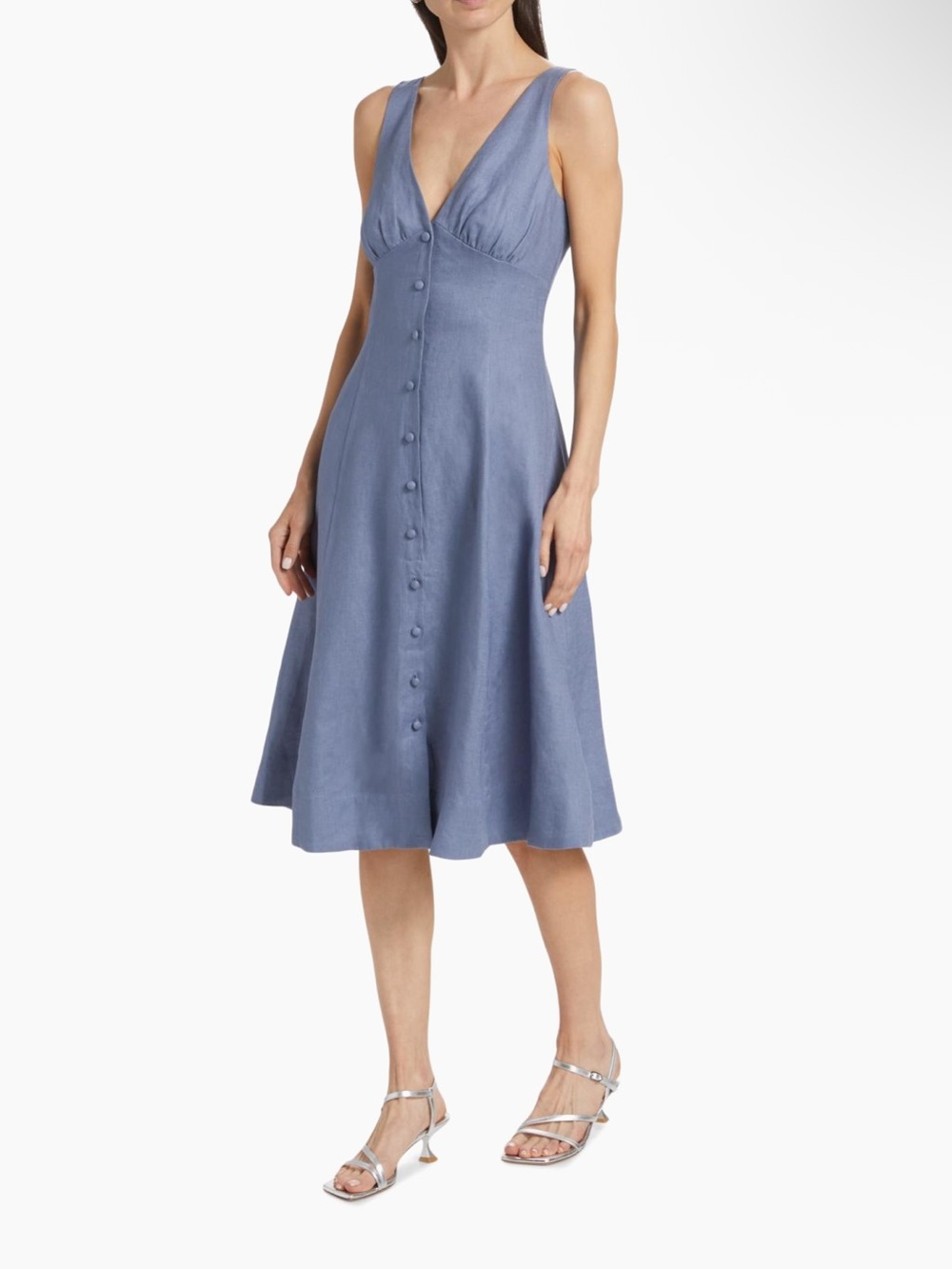 Reformation Sleeveless V-Neck Midi Dress in Dusty Blue with Front Buttons - Picture 5 of 7